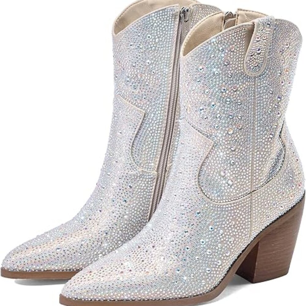 SPARKLING Western Rhinestone Cowboy Boots Block Heel Pointed Toe 10.5
